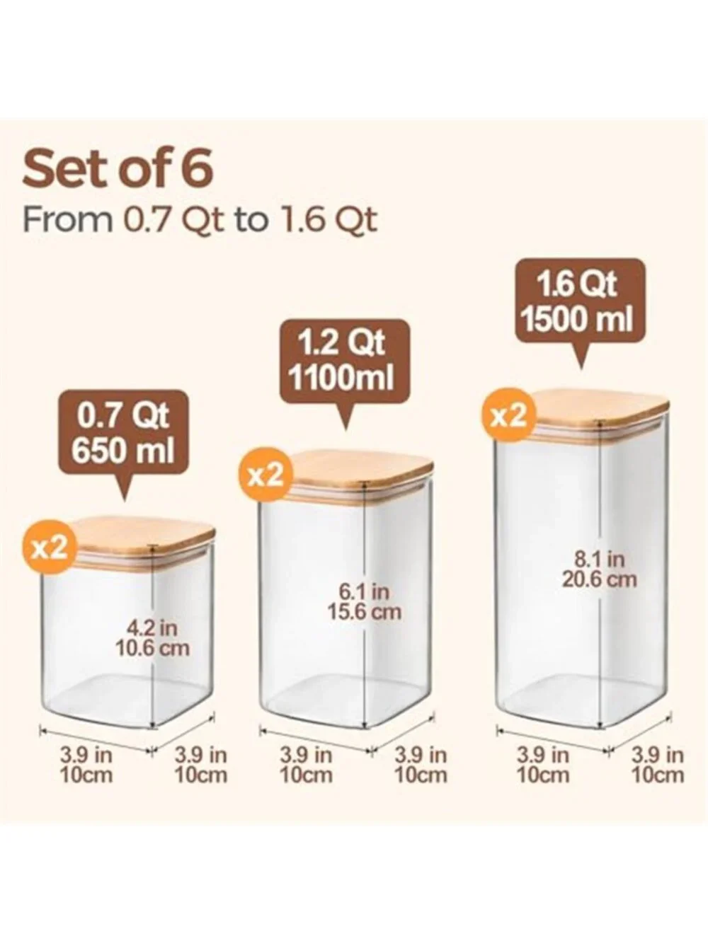Airtight Glass Storage Canister with Lids (0.7Qt/1.2Qt/1.6Qt) Set of 6, Kitchen
